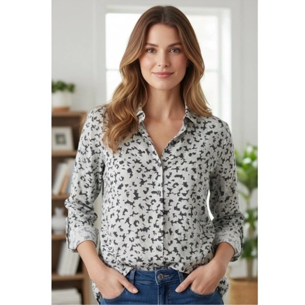 J. Jill Love Linen Essential Shirt Granite Daisy Shadow Print Classic Size Large